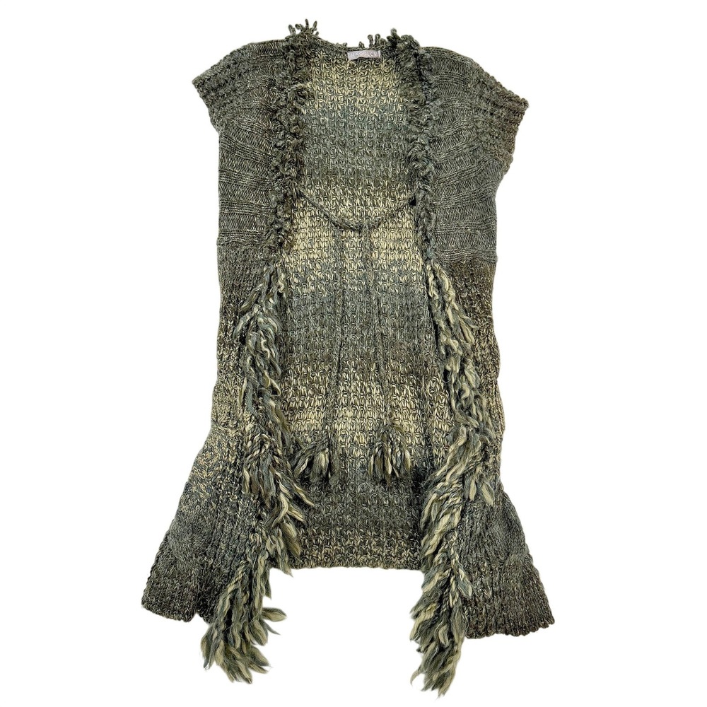 VTG Y2k KESSLEY Green Wool Blend Shaggy Fringe Knit Sleeveless Cardigan Vest‎